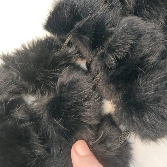 100% Genuine Rabbit Fur Scarf Black Long 71" x 7" Pompons Tassel Authentic Soft - Picture 6 of 9